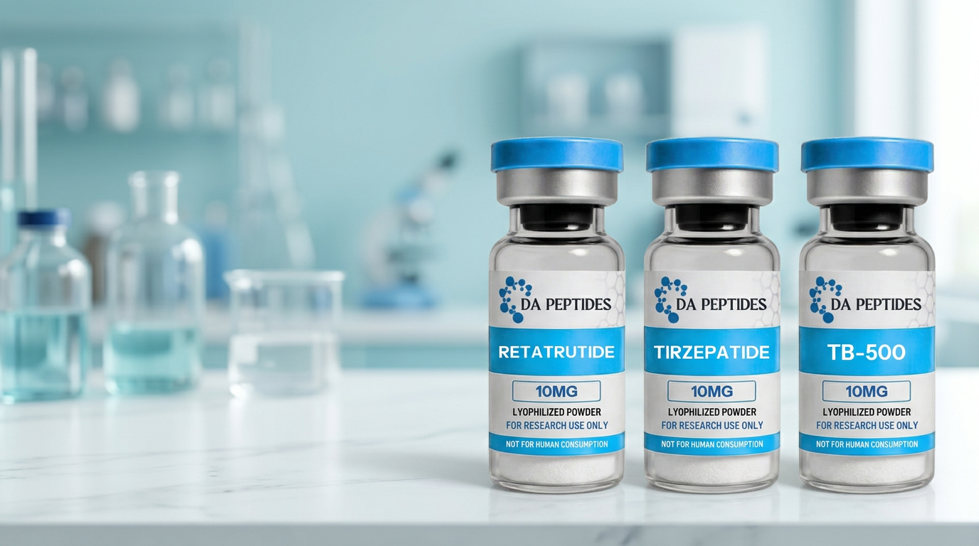 DA Peptides Retatrutide 10mg, Tirzepatide 10mg and TB-500 10mg bottles in a bright laboratory